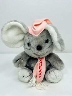 Gray Plush Mouse with Pink Hat & Scarf Squeaky 10” - Kids Stuffed Animal Vintage